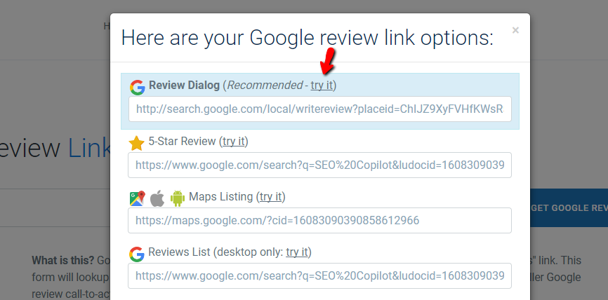choose which type of google reviews link you want