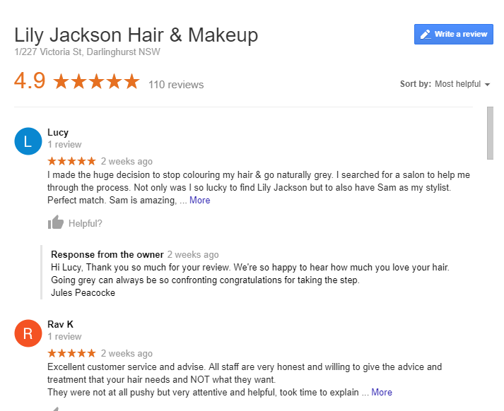 Google reviews example